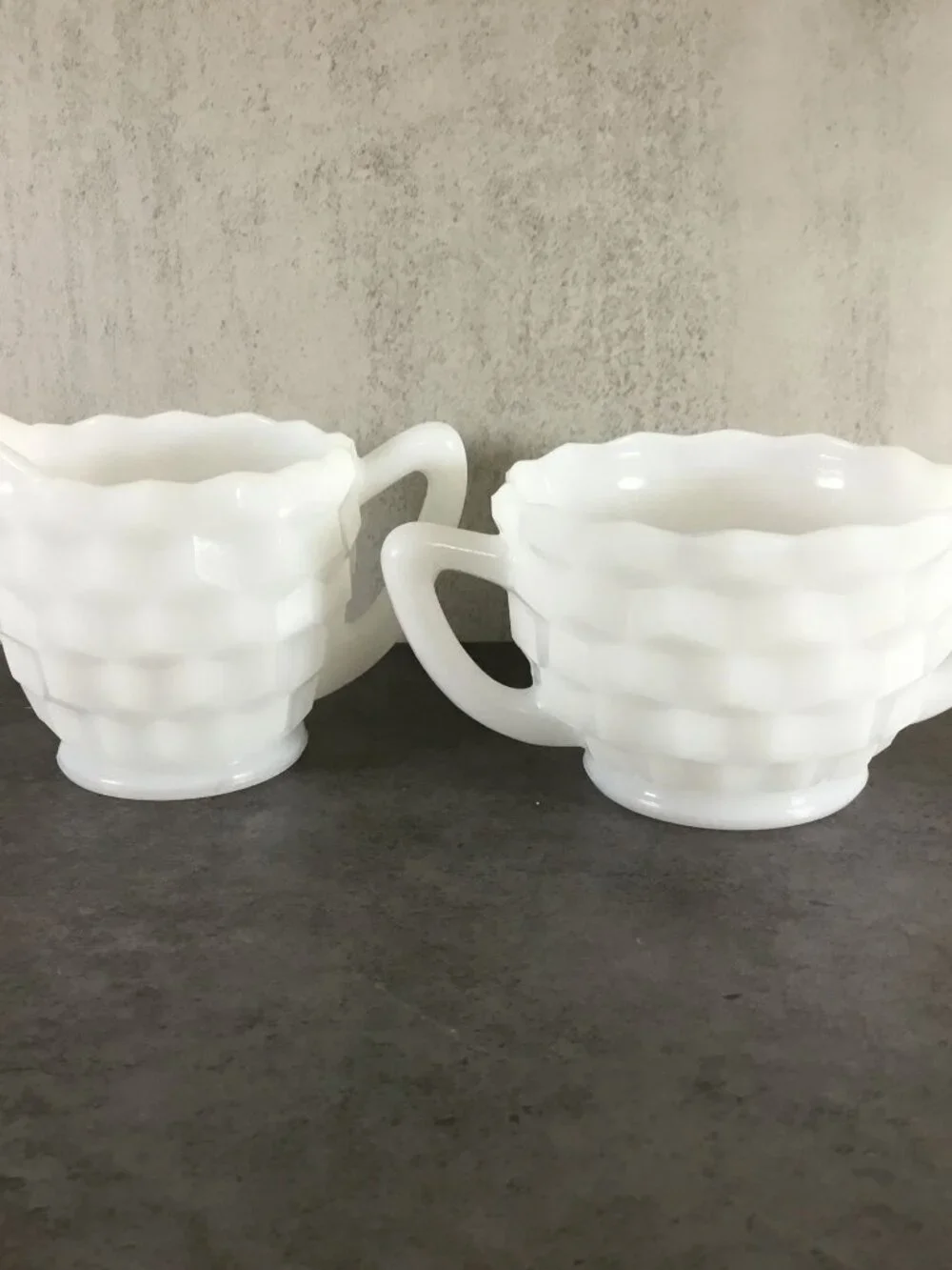 Hazel Atlas Cubed Cream and Sugar Set Vintage White Cubist Pattern